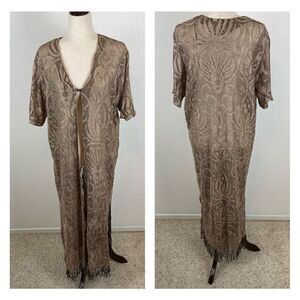 Vintage gold lace crochet short sleeve BoHo art deco fringe maxi long kimono 20*